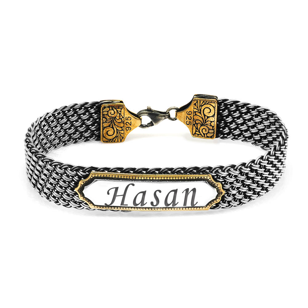 El İşçiliği Örgü Tasarım İsme Özel Yazılı 925 Ayar Gümüş Erkek Bileklik - 2