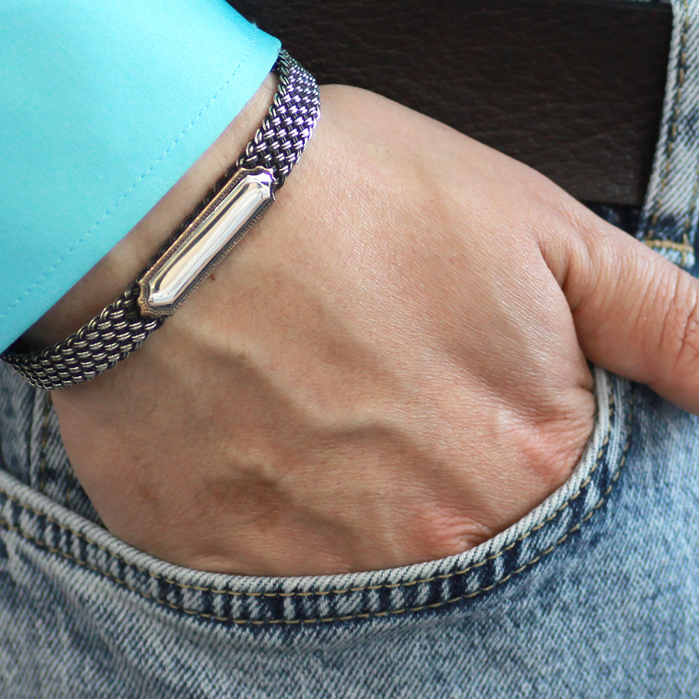 El İşçiliği Örgü Tasarım İsme Özel Yazılı 925 Ayar Gümüş Erkek Bileklik - 3