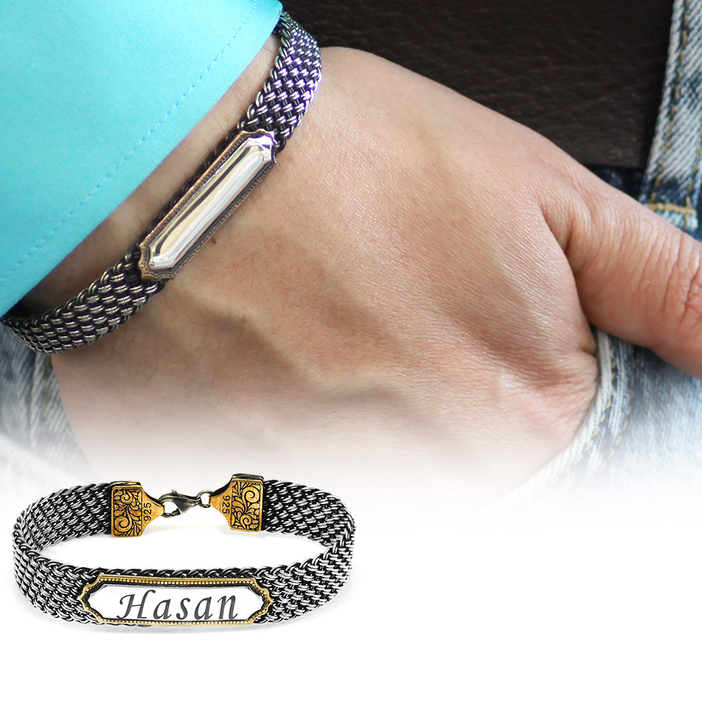 El İşçiliği Örgü Tasarım İsme Özel Yazılı 925 Ayar Gümüş Erkek Bileklik - 1