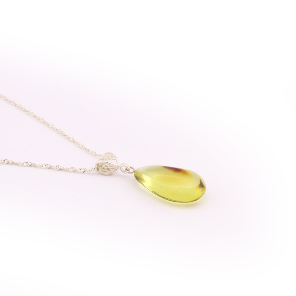 Doğal Damla Kehribar Kolye - 925 Ayar Gümüş Zincir (Model-10) - 2