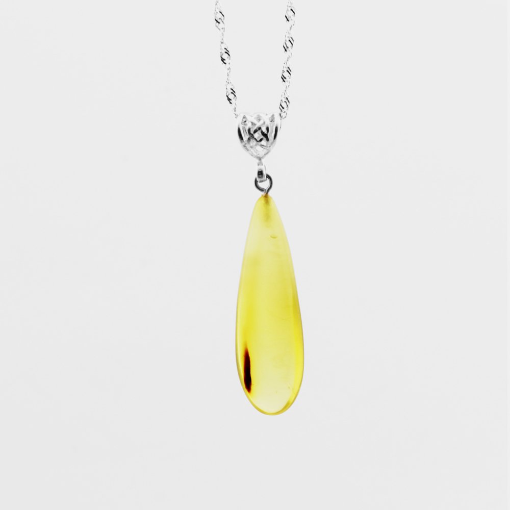 Doğal Damla Kehribar Kolye - 925 Ayar Gümüş Zincir (Model-12) - 1