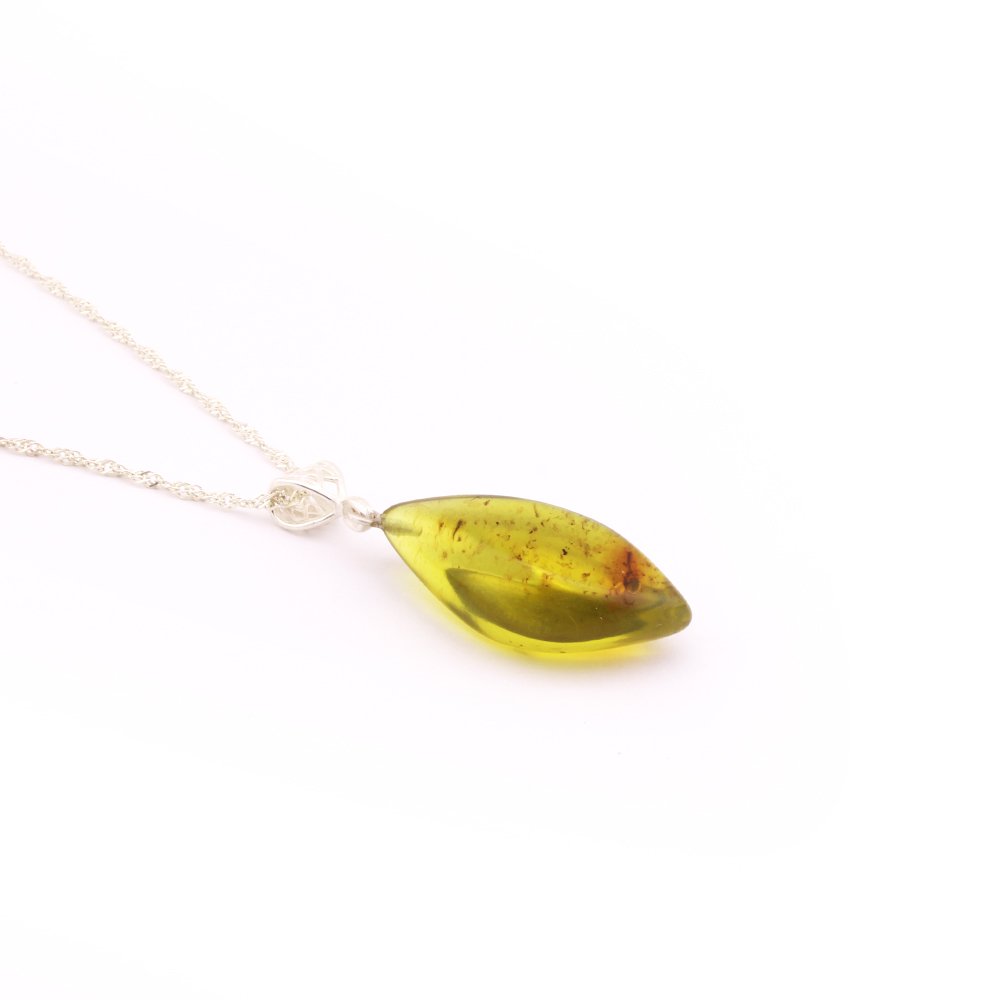 Doğal Damla Kehribar Kolye - 925 Ayar Gümüş Zincir (Model-7) - 2