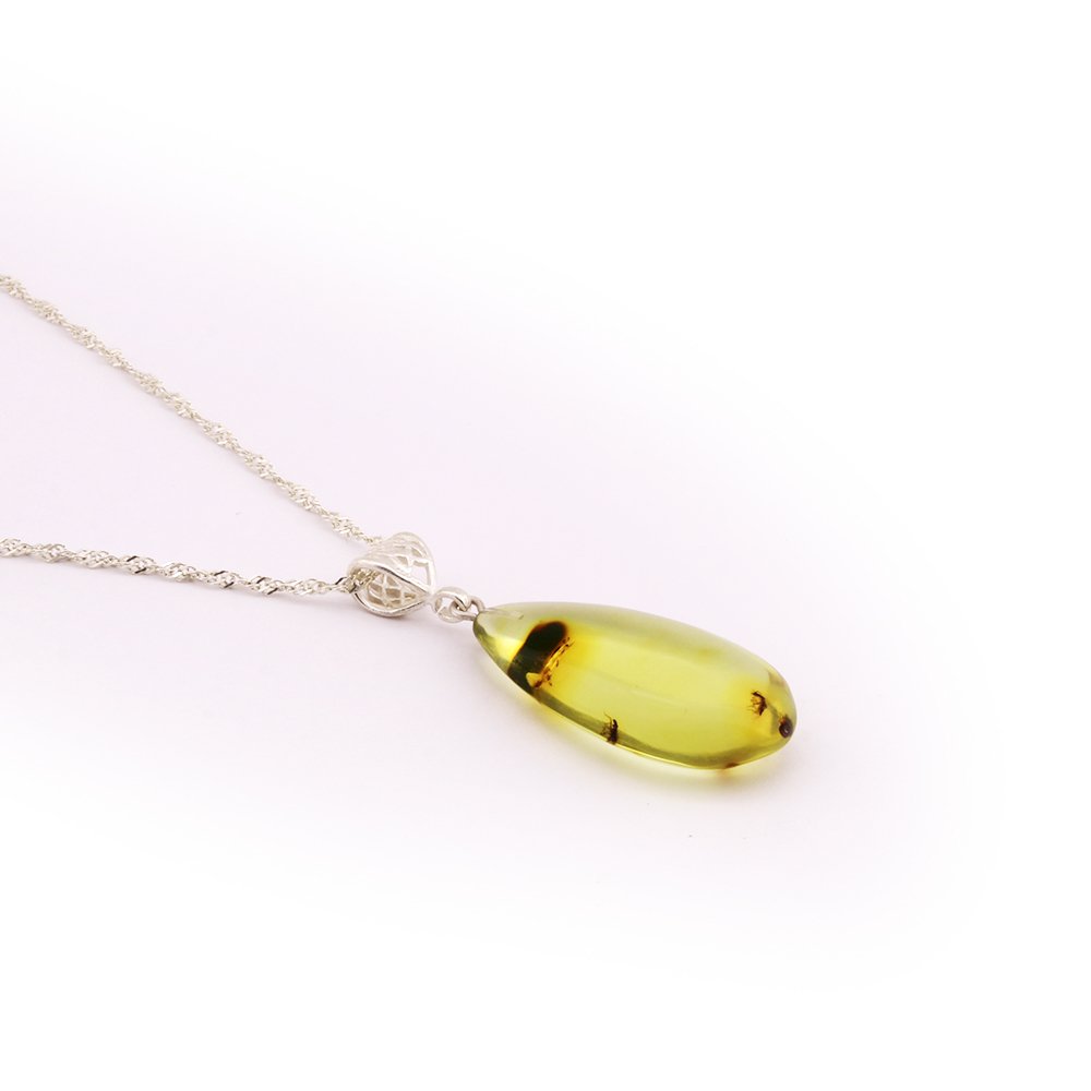 Doğal Damla Kehribar Kolye - 925 Ayar Gümüş Zincir (Model-8) - 2