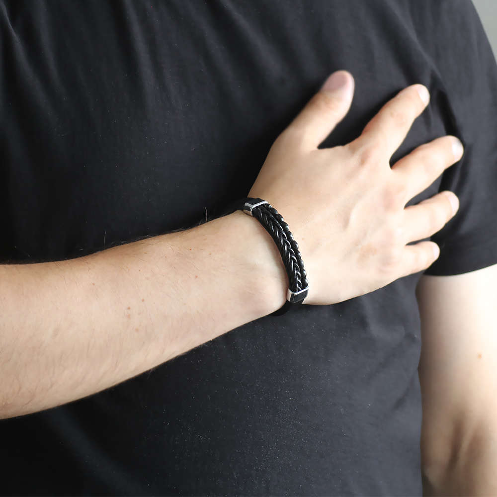 Hasır Tasarım Kuka İşlemeli Siyah Çelik Deri Kombinli Erkek Bileklik - 3