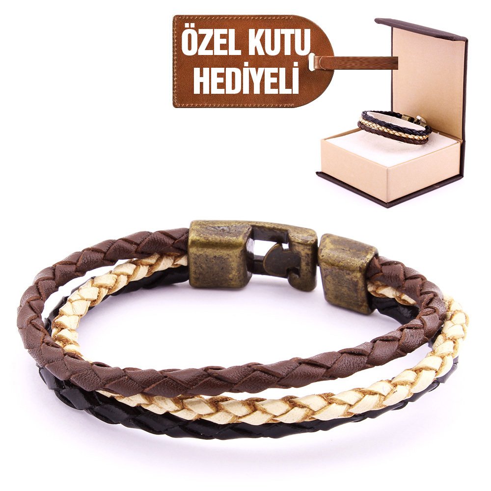 Hasır Tasarım 3 Sıra Renk Kombinli Deri Erkek Bileklik - 6