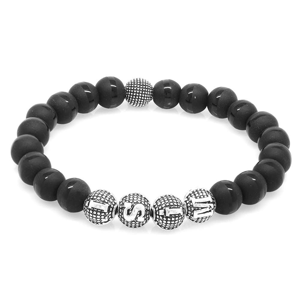 Oniks Doğaltaş Bileklik - Ortası Çizgili - İsme Özel Yazılı - Metal Kombinli - Küre Kesim - 3