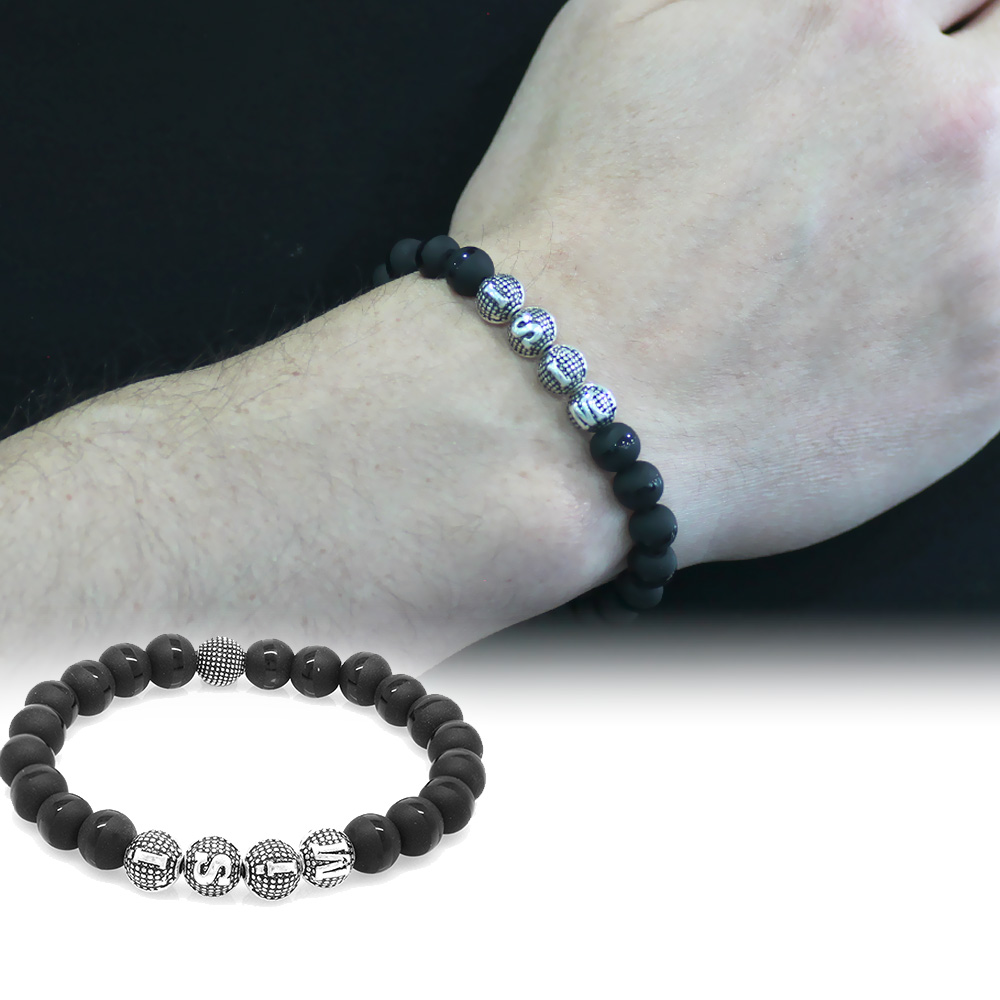 Oniks Doğaltaş Bileklik - Ortası Çizgili - İsme Özel Yazılı - Metal Kombinli - Küre Kesim - 1