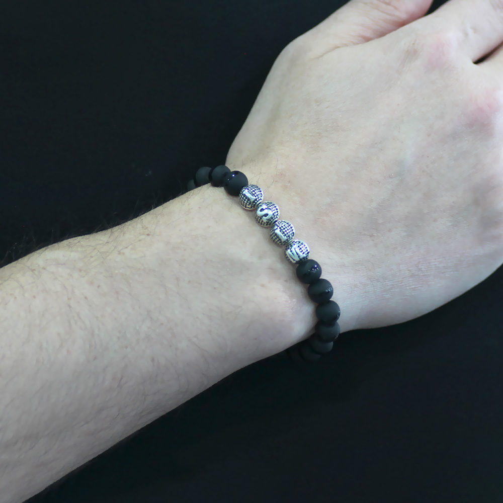 Oniks Doğaltaş Bileklik - Ortası Çizgili - İsme Özel Yazılı - Metal Kombinli - Küre Kesim - 2