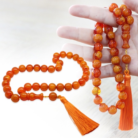 Osmanlı Saray Püsküllü Çubuk Sıkma Kehribar Tesbih Bal Rengi Maxi Boy Küre Kesim - Tesbihane