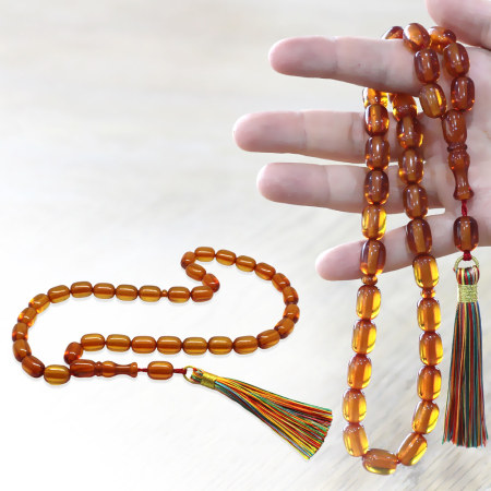 Osmanlı Saray Püsküllü Çubuk Sıkma Kehribar Tesbih Maxi Boy Bal Rengi Kapsül Kesim - Tesbihane