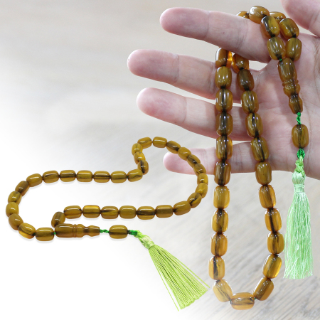 Osmanlı Saray Püsküllü Çubuk Sıkma Kehribar Tesbih Maxi Boy Hareli Sarı Kapsül Kesim - Tesbihane