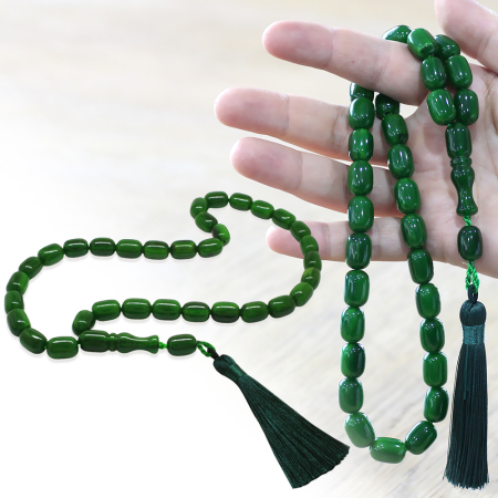 Osmanlı Saray Püsküllü Çubuk Sıkma Kehribar Tesbih Maxi Boy Hareli Yeşil Kapsül Kesim - Tesbihane