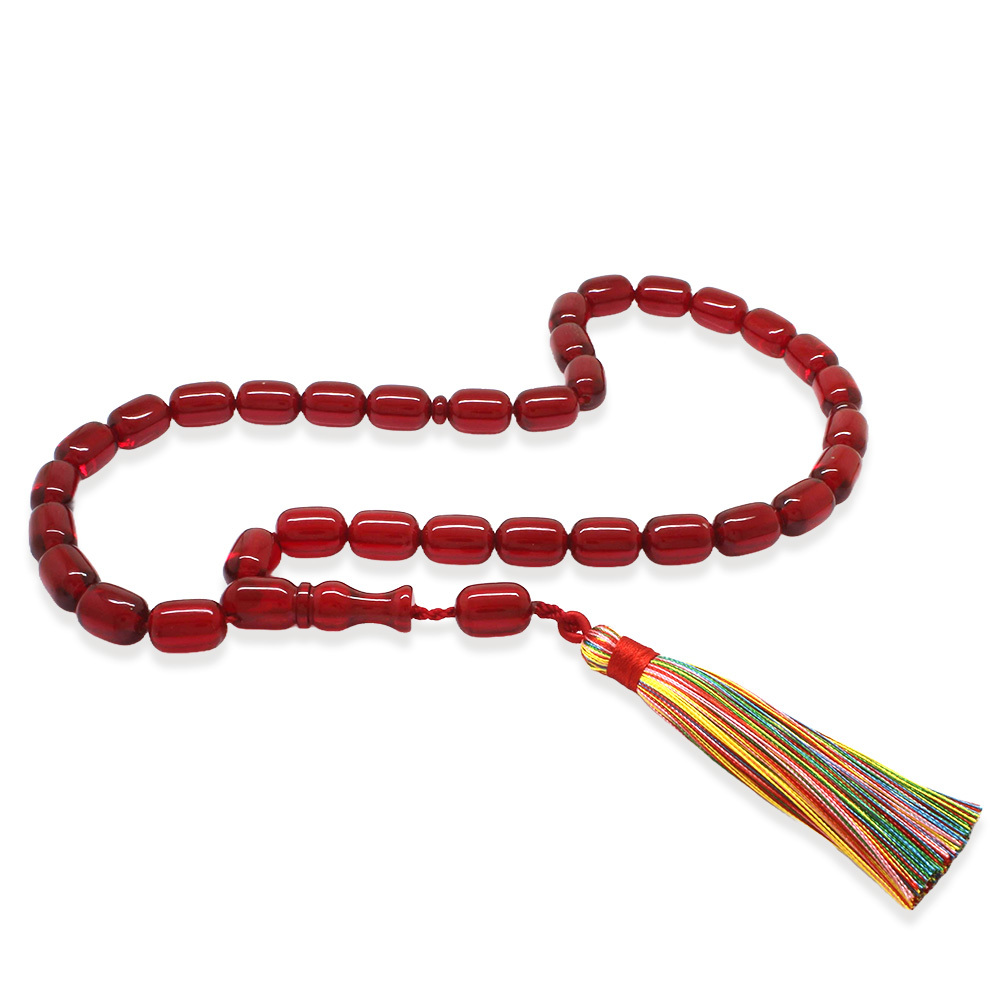Osmanlı Saray Püsküllü Mega Boy Kapsül Kesim Kırmızı Sıkma Kehribar Tesbih - 4