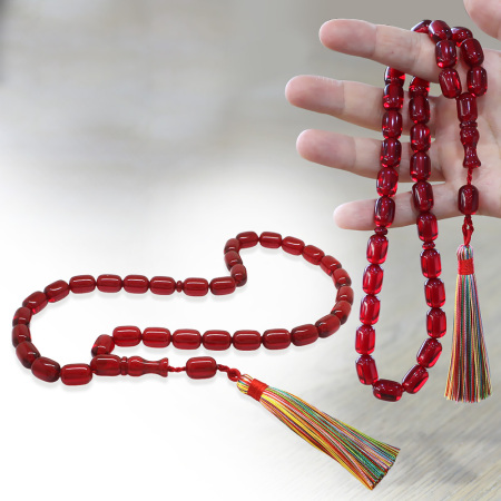 Osmanlı Saray Püsküllü Mega Boy Kapsül Kesim Kırmızı Sıkma Kehribar Tesbih - Tesbihane