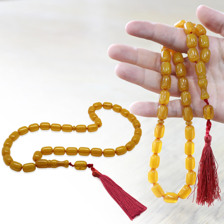 Osmanlı Saray Püsküllü Sarı Çubuk Sıkma Kehribar Tesbih Maxi Boy Kapsül Kesim - Tesbihane