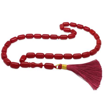 Osmanlı Saray Püsküllü Sarı İp Detaylı Mega Boy Uçlu Kapsül Kesim Kırmızı Sıkma Kehribar Tesbih - Tesbihane