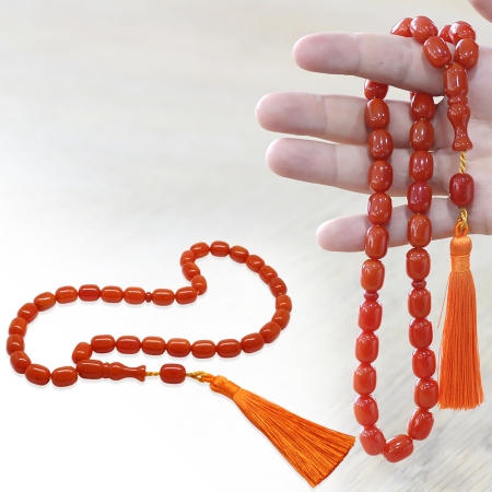 Osmanlı Saray Püsküllü Turuncu Çubuk Sıkma Kehribar Tesbih Maxi Boy Kapsül Kesim - Tesbihane