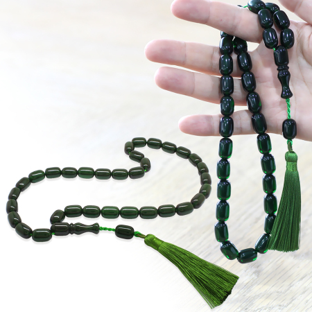 Osmanlı Saray Püsküllü Yeşil Çubuk Sıkma Kehribar Tesbih Maxi Boy Kapsül Kesim - Tesbihane