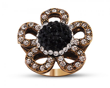 Otantik Siyah Taşlı Papatya Bronz Yüzük - Tesbihane