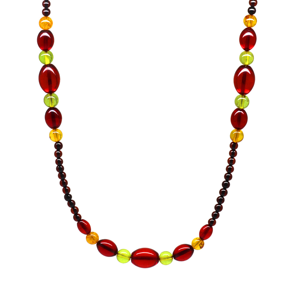 Otantik Tasarım Koyu Kırmızı Sarı Doğal Damla Kehribar Kadın Kolye - 3