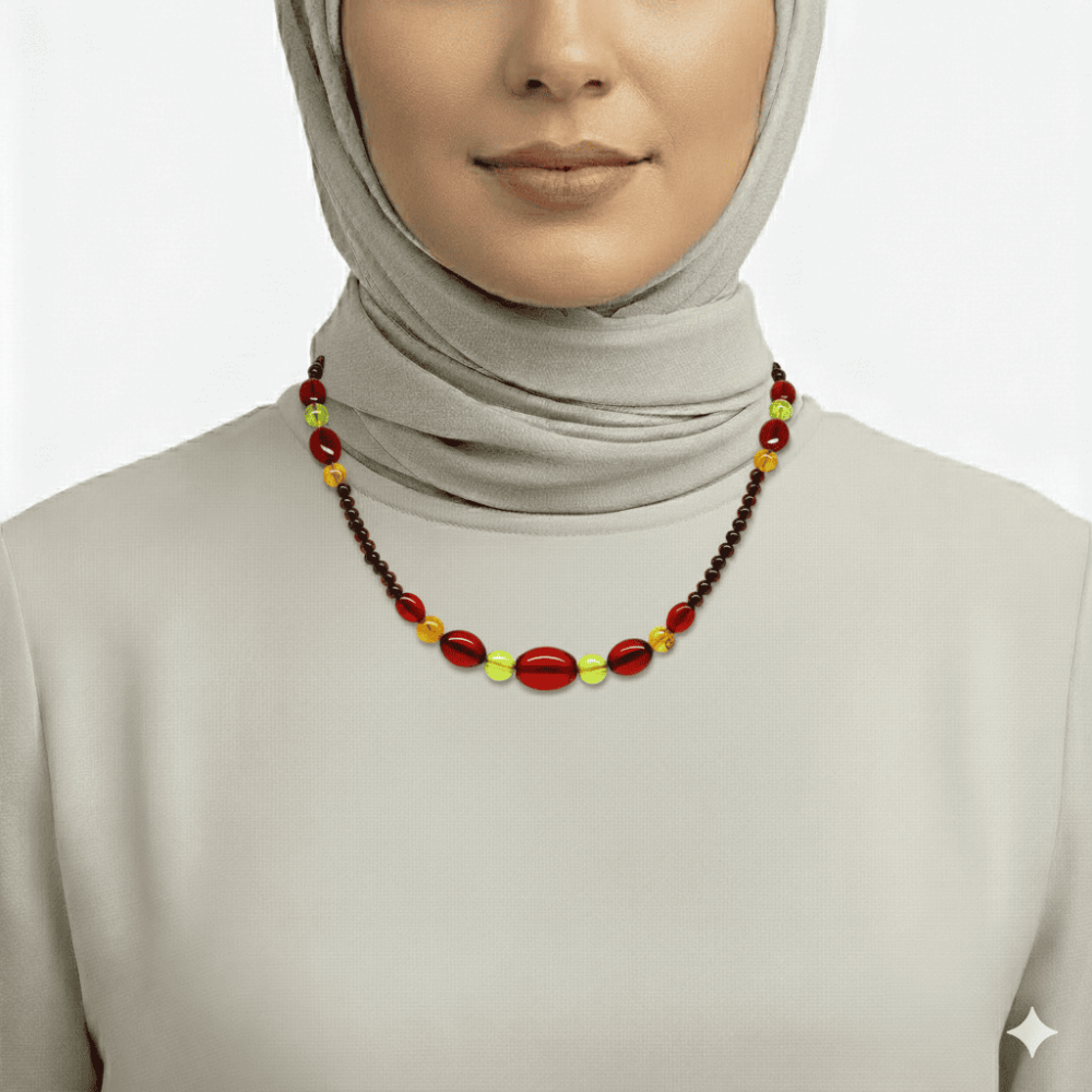 Otantik Tasarım Koyu Kırmızı Sarı Doğal Damla Kehribar Kadın Kolye - 2