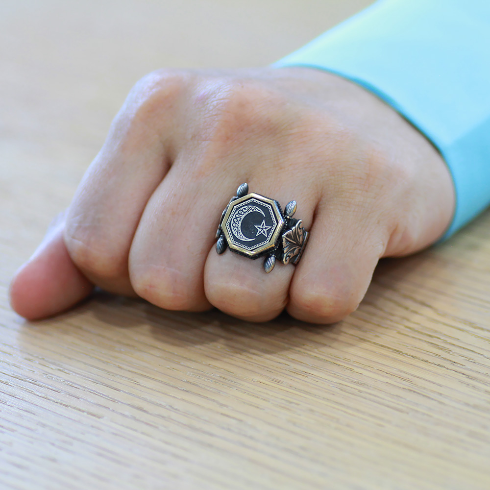 Otantik Tasarım Siyah Zirkon Taşlı Ayyıldız İşlemeli 925 Ayar Gümüş Erkek Yüzük - 3