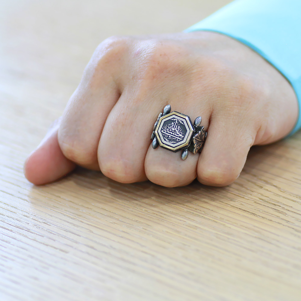 Otantik Tasarım Siyah Zirkon Taşlı Hüsnü Hat Hasbünallah Yazılı 925 Ayar Gümüş Erkek Yüzük - 3