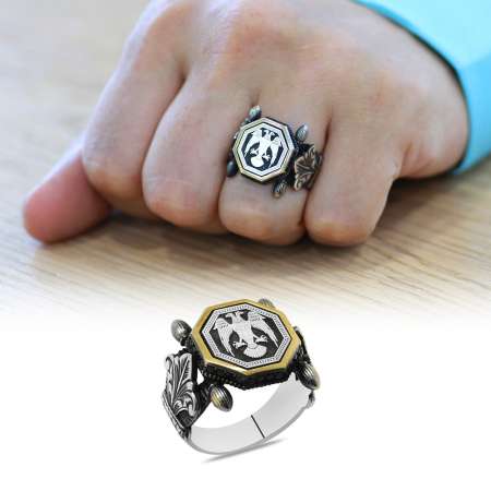 Otantik Tasarım Siyah Zirkon Taşlı Selçuklu Kartalı İşlemeli 925 Ayar Gümüş Erkek Yüzük - Tesbihane