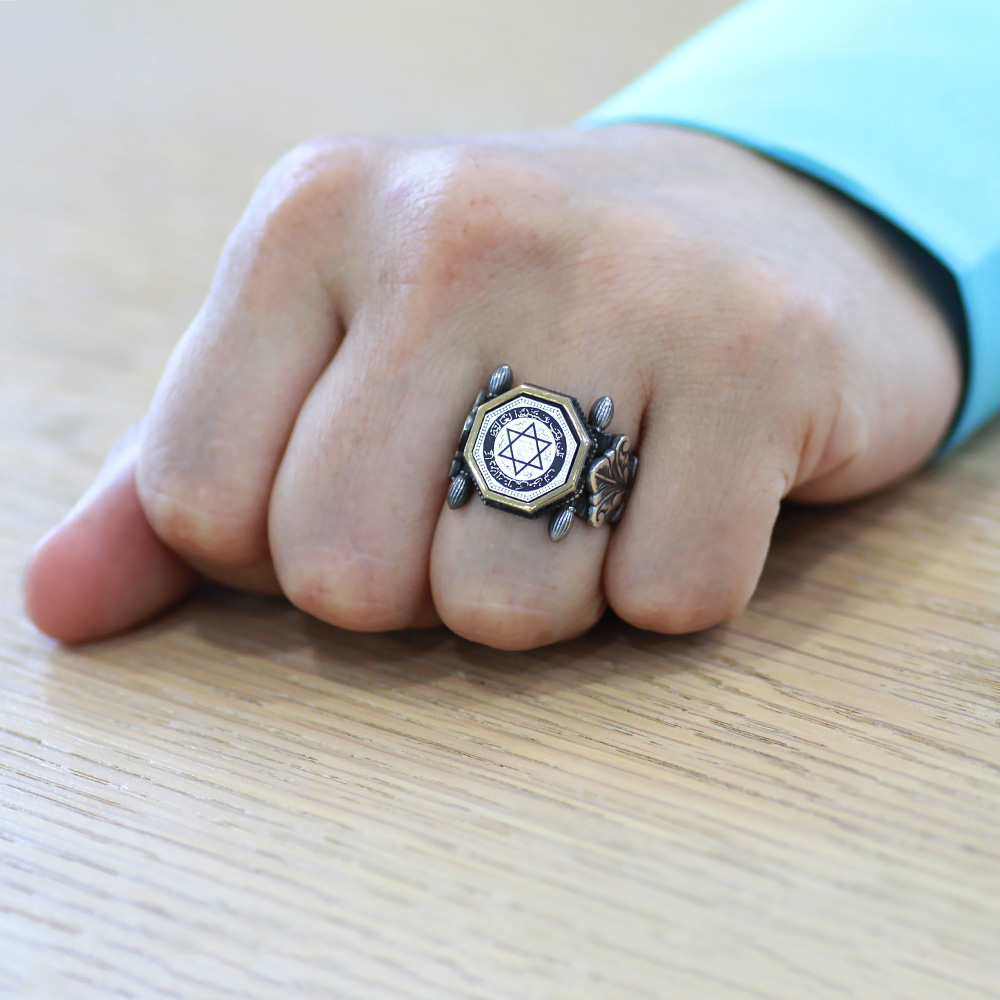 Otantik Tasarım Siyah Zirkon Taşlı Mührü Süleyman İşlemeli 925 Ayar Gümüş Erkek Yüzük - 3