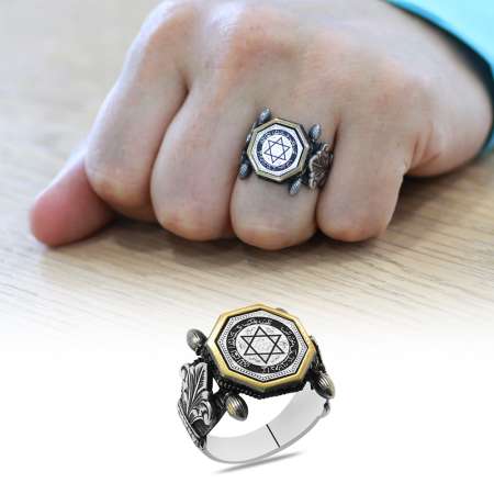 Otantik Tasarım Siyah Zirkon Taşlı Mührü Süleyman İşlemeli 925 Ayar Gümüş Erkek Yüzük - Tesbihane