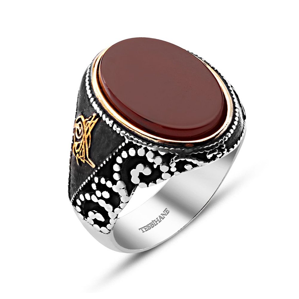 Oval Akik Taşlı 925 Ayar Gümüş Tuğra Yüzük - 3