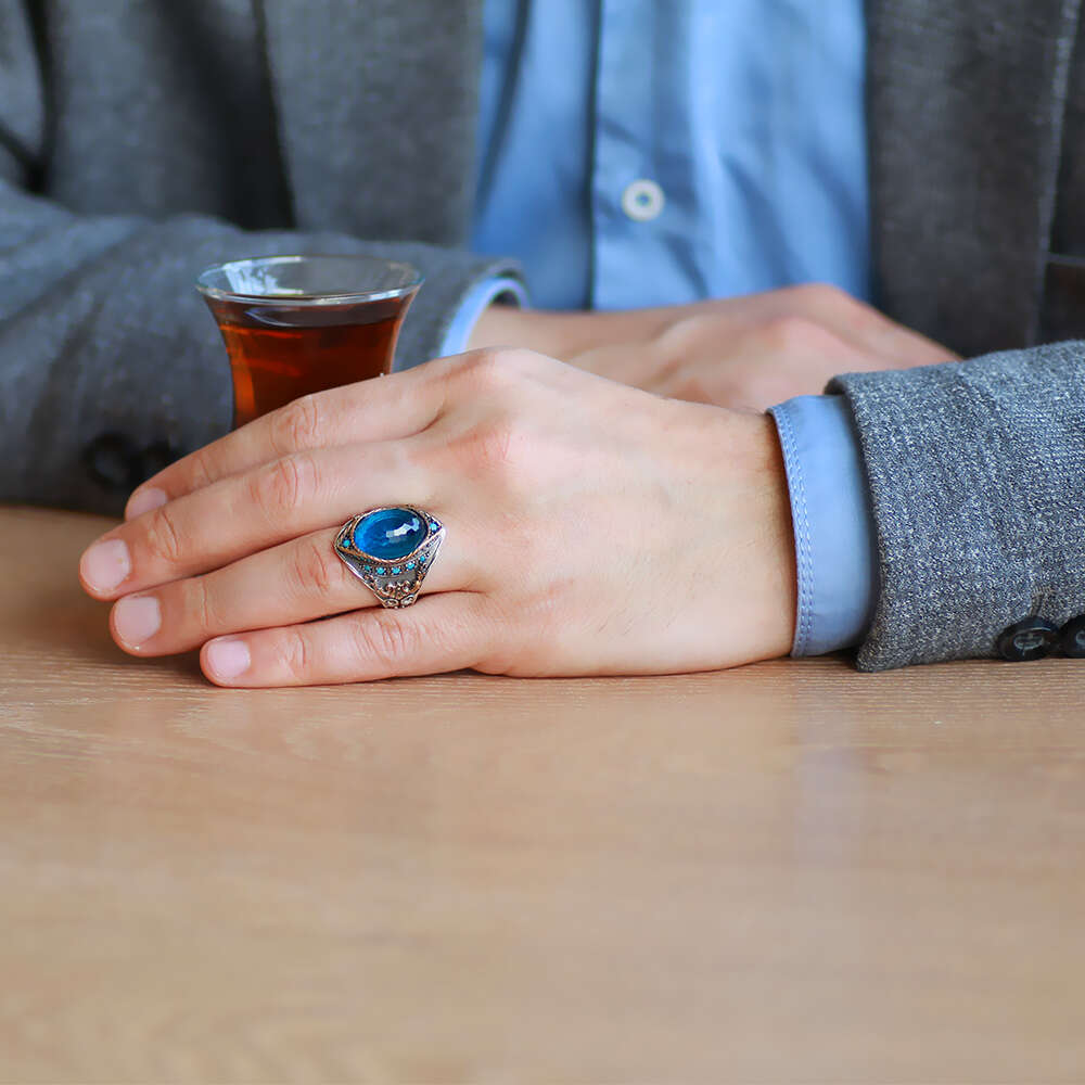 Oval Aqua Zirkon Taşlı Kompakt Tasarım 925 Ayar Gümüş Erkek Yüzük - 2