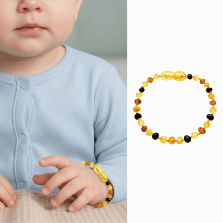 Oval Form Çok Renkli Doğal Damla Kehribar Bebek Bileklik - Tesbihane