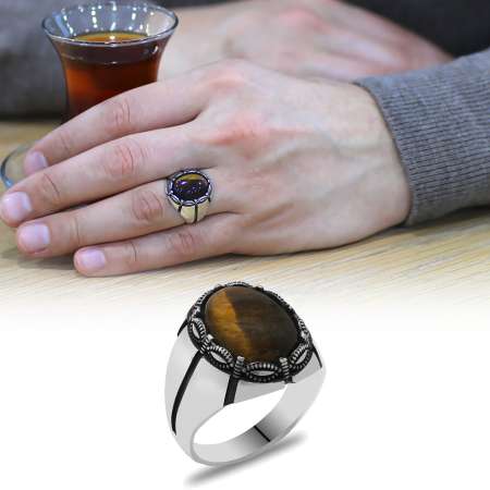 Oval Kaplan Gözü Taşlı İtalyan Tasarım 925 Ayar Gümüş Erkek Yüzük - STOKYOK