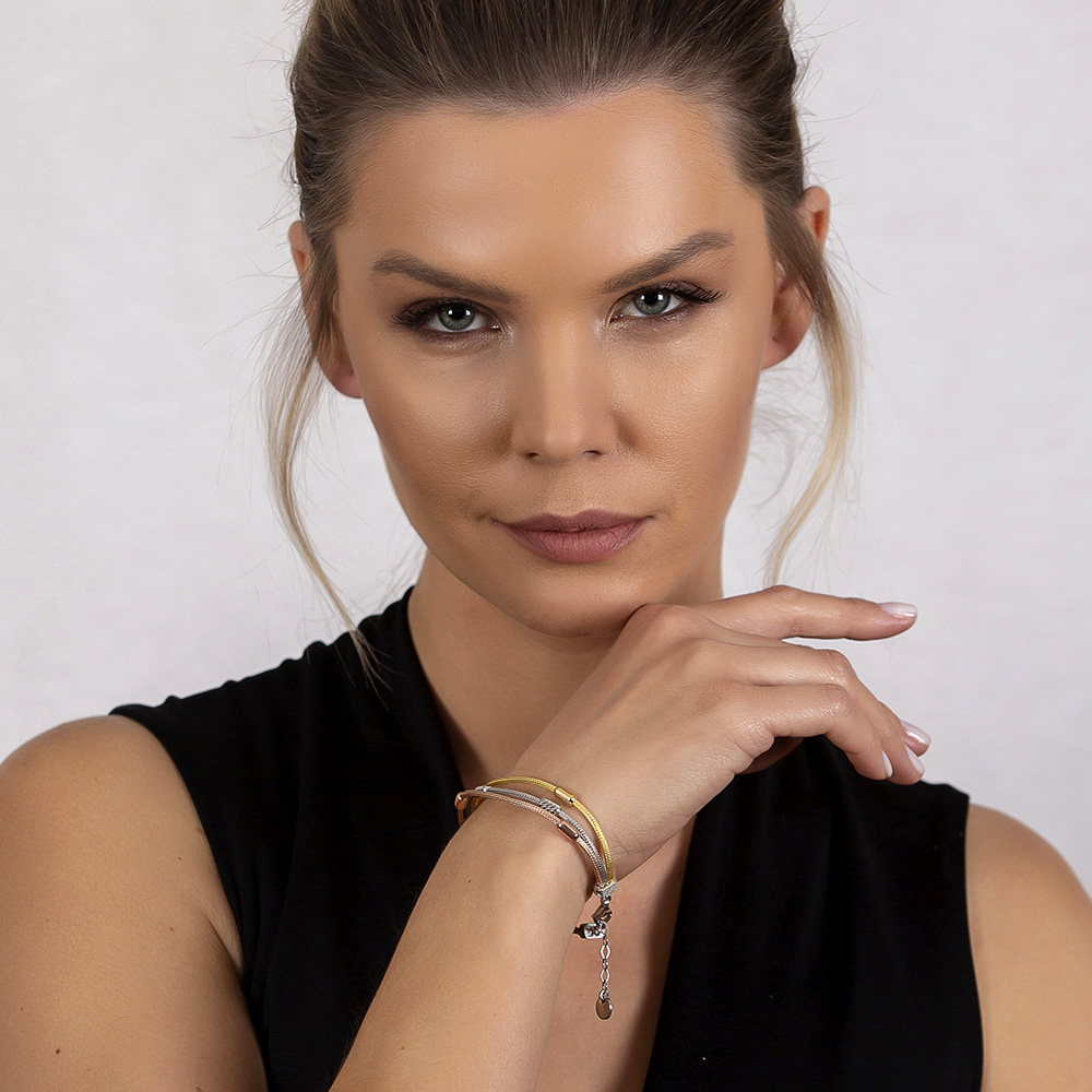 Oval Model Üç Renkli 925 Ayar Gümüş Dorika Kadın Bileklik - 3