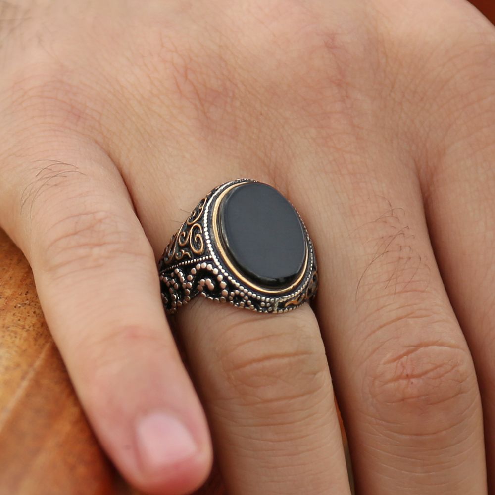 Oval Oniks Taşlı 925 Ayar Gümüş Yüzük - 1