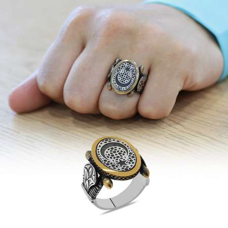 Oval Otantik Tasarım Ayyıldız Motifli 925 Ayar Gümüş Erkek Yüzük - Tesbihane
