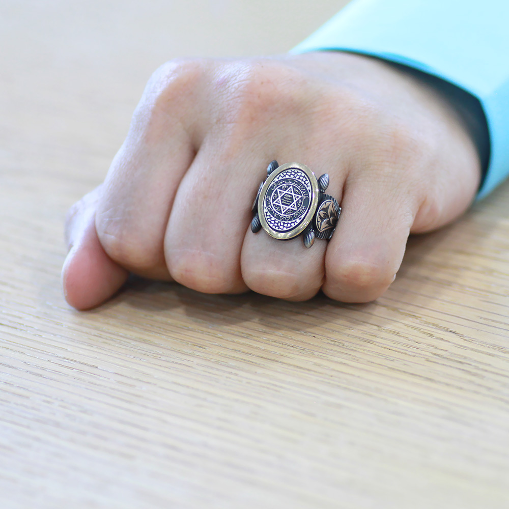 Oval Otantik Tasarım Mührü Süleyman İşlemeli 925 Ayar Gümüş Erkek Yüzük - 3