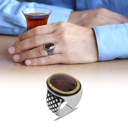 Oval Tasarım Faset Zirkon Taşlı 925 Ayar Gümüş Erkek Yüzük - Tesbihane