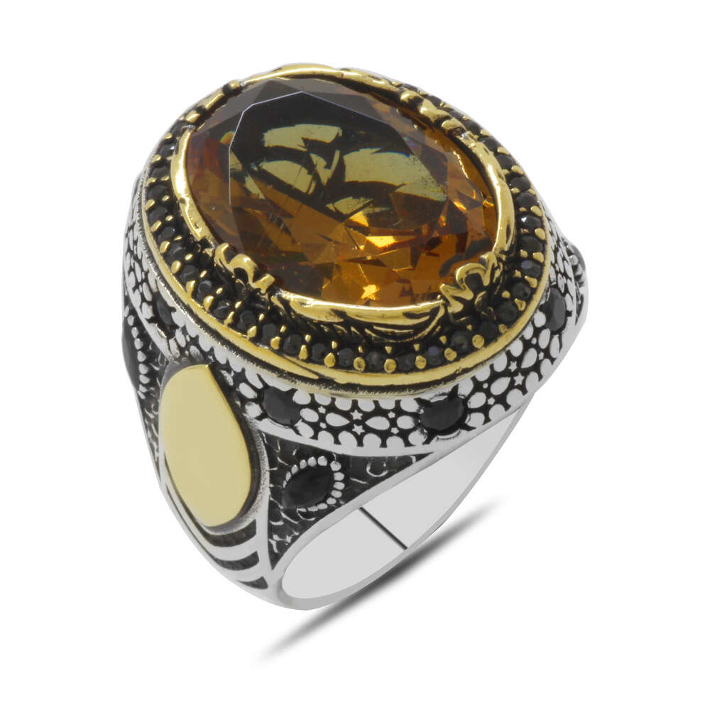 Oval Tasarım Faset Zultanit Taşlı Çevresi Mikro Taş Mıhlamalı 925 Ayar Gümüş Erkek Yüzük - 3