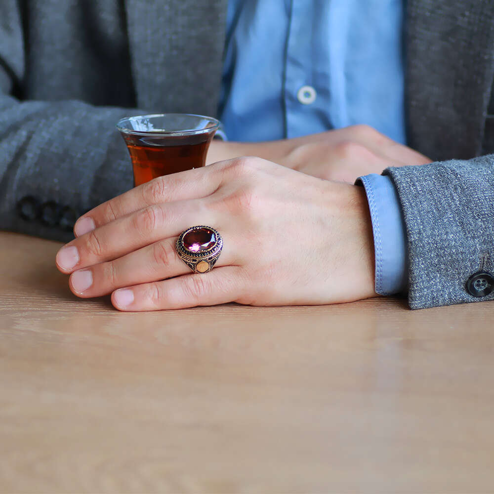 Oval Tasarım Faset Zultanit Taşlı Çevresi Mikro Taş Mıhlamalı 925 Ayar Gümüş Erkek Yüzük - 2