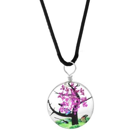 Oval Tasarım Fuşya Çiçekli Doğa Temalı El Yapımı Natural Reçine Kolye - Tesbihane