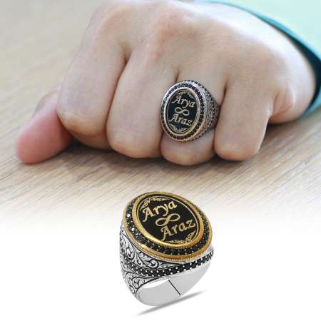 Oval Tasarım Kalem İşçilikli İsme Özel Yazılı Mineli 925 Ayar Gümüş Erkek Yüzük - Tesbihane