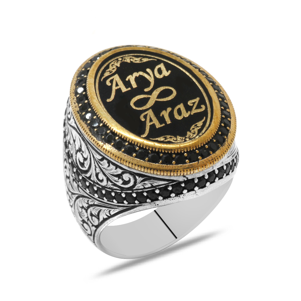 Oval Tasarım Kalem İşçilikli İsme Özel Yazılı Mineli 925 Ayar Gümüş Erkek Yüzük - 3