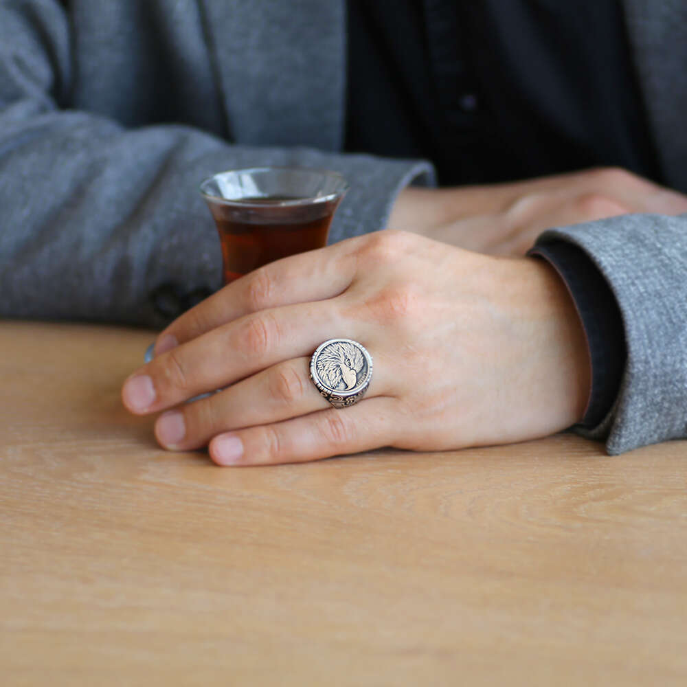 Oval Tasarım Özgürlük Kartalı Temalı 925 Ayar Gümüş Erkek Yüzük - 2