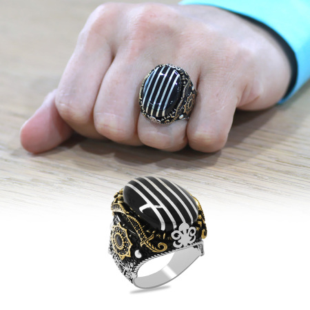 Oval Tasarım Kenarları Hançer Detaylı Koleksiyonluk 925 Ayar Gümüş Erzurum Oltu Taşı Erkek Yüzük - Tesbihane