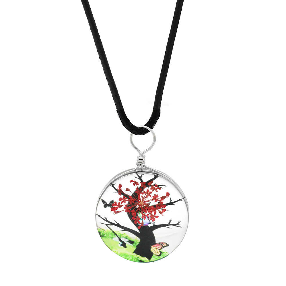 Oval Tasarım Kırmızı Çiçekli Doğa Temalı El Yapımı Natural Reçine Kolye - 1