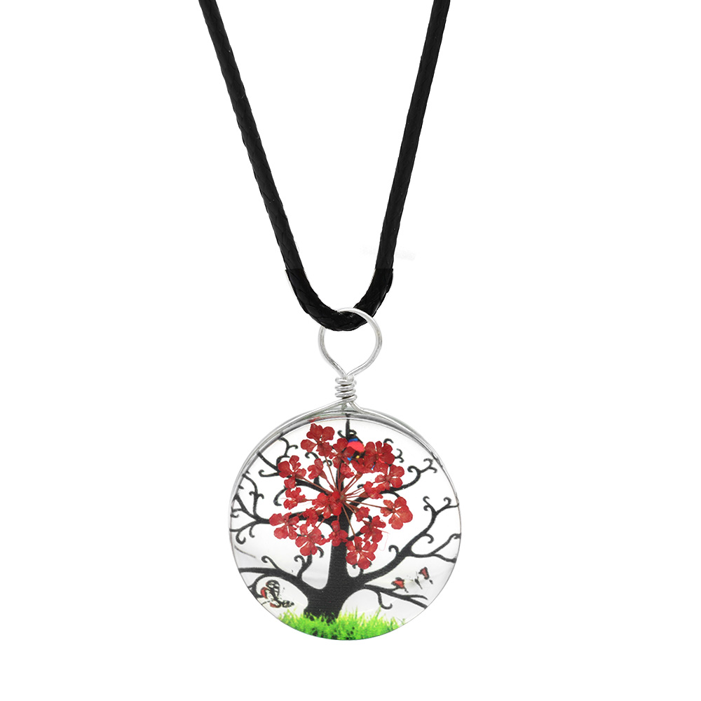 Oval Tasarım Kırmızı Çiçekli Doğa Temalı El Yapımı Natural Reçine Kolye - 2