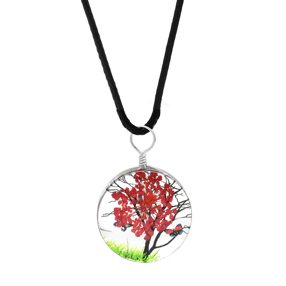 Oval Tasarım Kırmızı Çiçekli Doğa Temalı El Yapımı Natural Reçine Kolye - 3