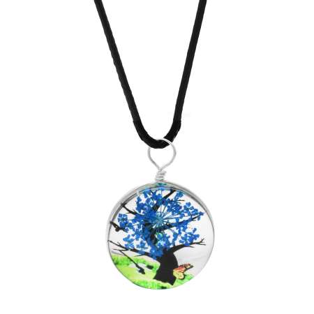 Oval Tasarım Mavi Çiçekli Doğa Temalı El Yapımı Natural Reçine Kolye - Tesbihane